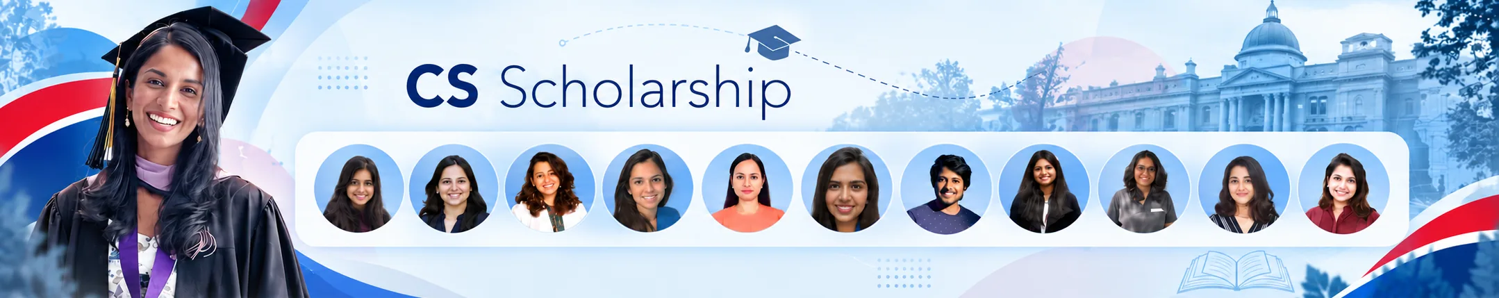 CS Scholarship banner featuring a graduate and photos of past CS scholars